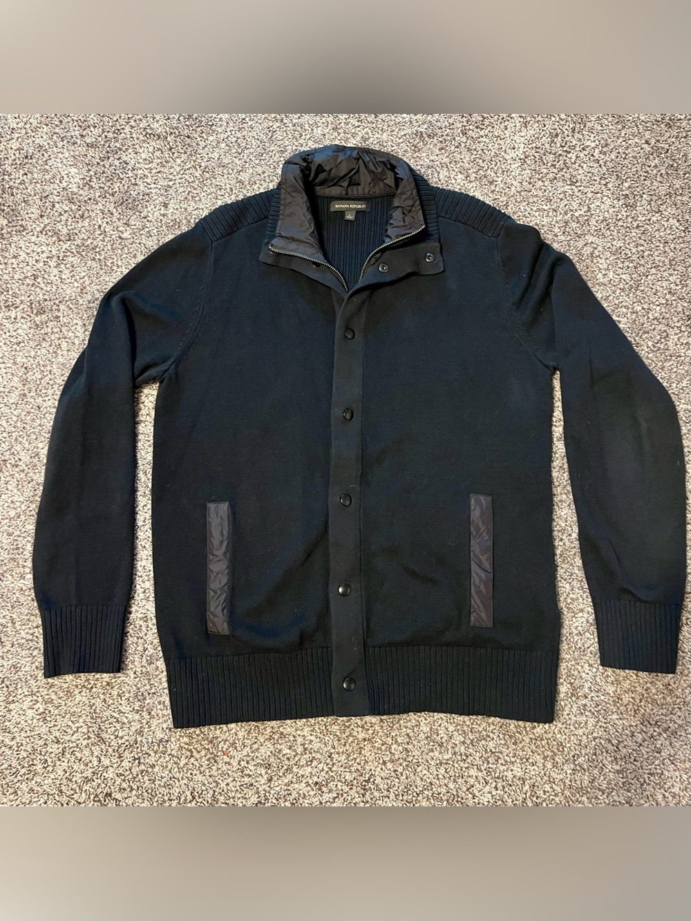 Banana Republic Men's Black Knit Cardigan with Quilted Trim